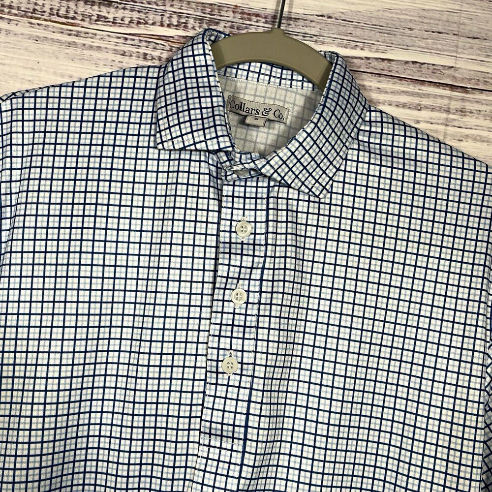 Collars & Co. Men's S Polo Shirt Blue White Check Short Sleeve Collared Button